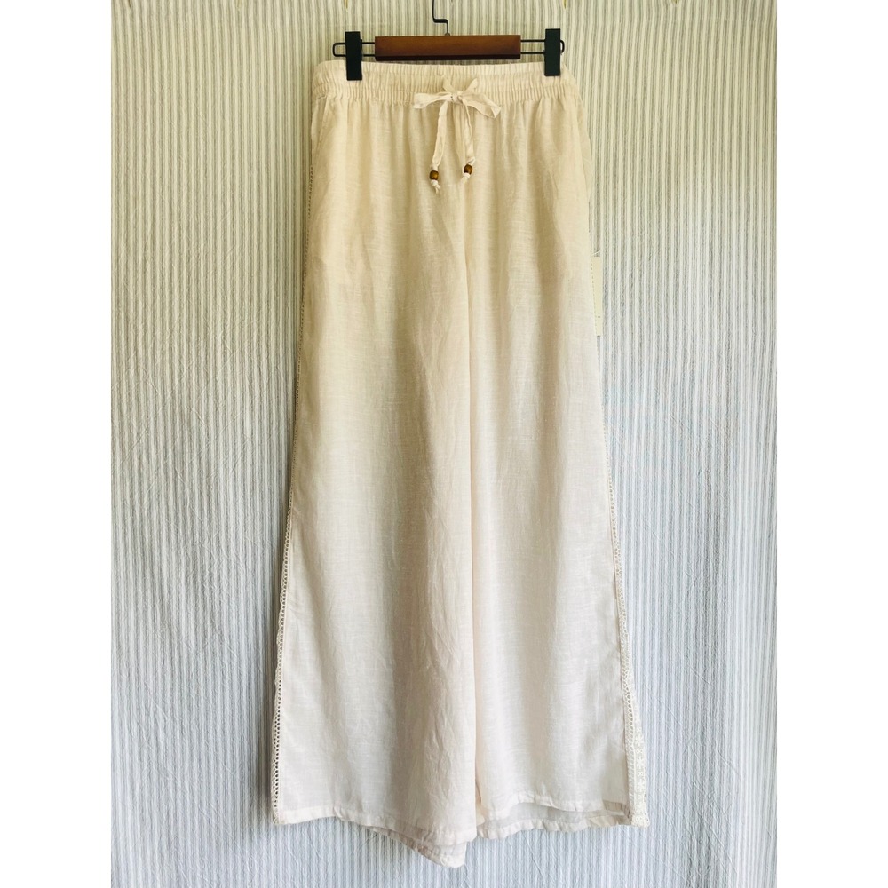 Calypso St Barth Cream Linen Blend Wide Leg Crochet Lace Trim Pants XL Boho Cool